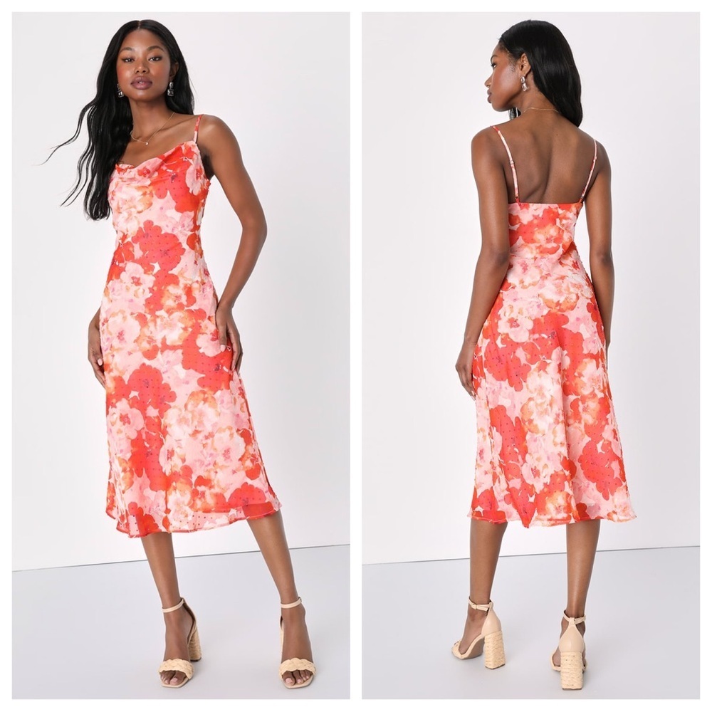 Lulus Fabulous Destiny Pink Floral Swiss Dot Cowl Neck Midi
Dress